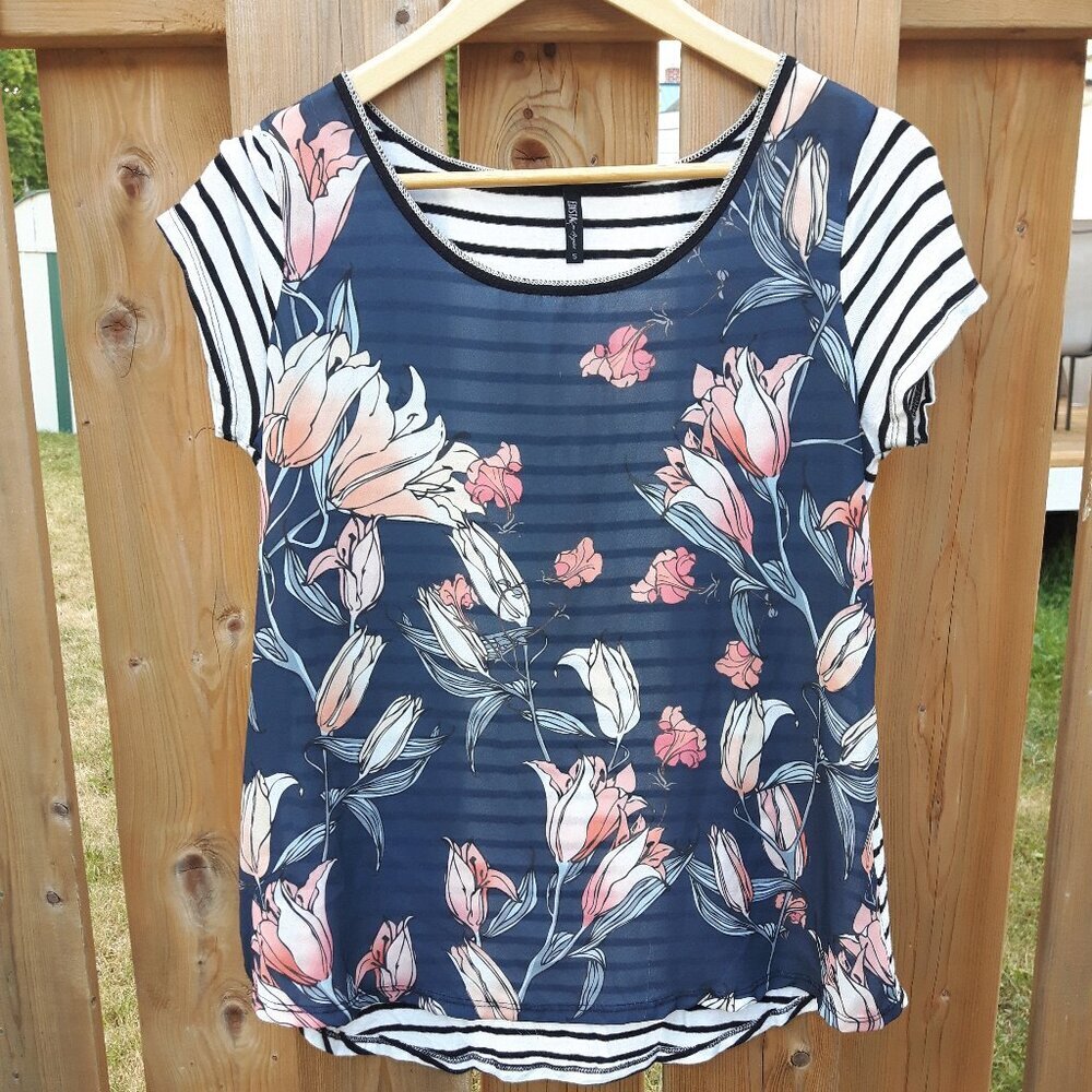 FLORAL EDISTA Women's Short Sleeve Top Size Small Two Tone Top Black and White